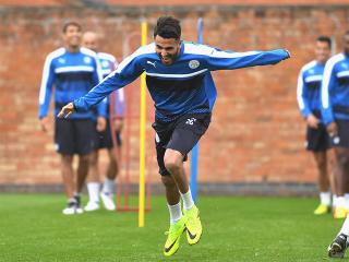 Riyad Mahrez has fun in training but will he have fun against Middlesbrough on Saturday?